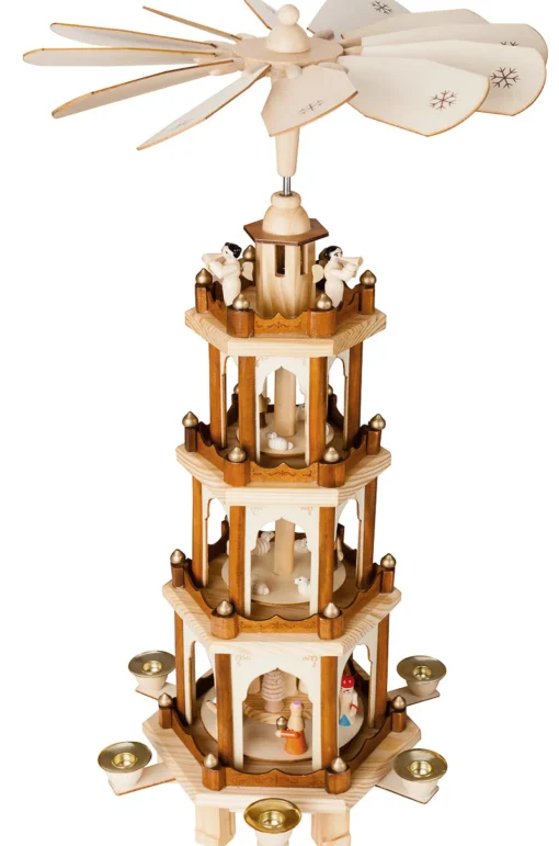 BRUBAKER Christmas Pyramid - 24 Inches - 4 Tier Carousel with 6 Candle Holders and Hand Painted Figurines - Designed in Germany