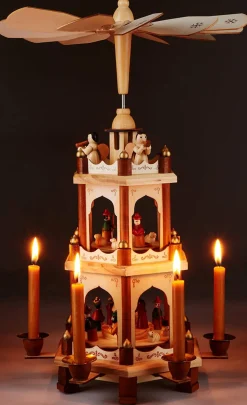 BRUBAKER Wooden Christmas Pyramid - 18 Inches - 3 Tier Carousel - Nativity Play - Designed in Germany