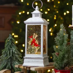 Brushed Christmas Cardinals Snow Globe Lantern - 11" - White and Silver