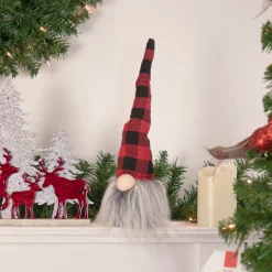Buffalo Plaid Gnome Head with Long Beard Christmas Figure - 16" - Red and Black
