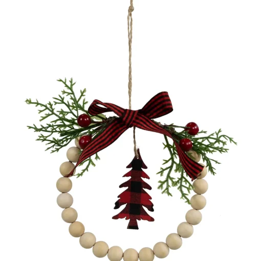 Buffalo Plaid Tree and Bow Wooden Beaded Christmas Wreath Ornament - 5.5"