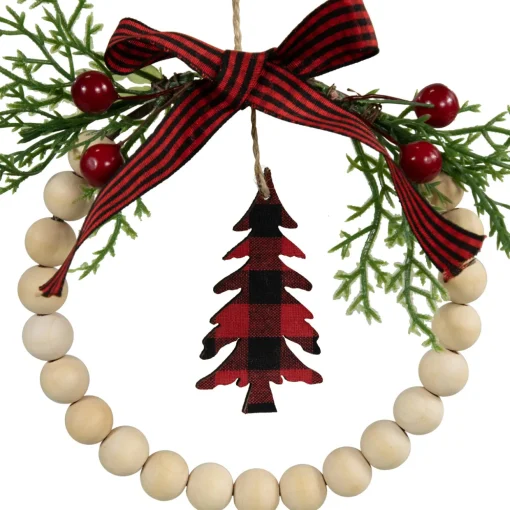 Buffalo Plaid Tree and Bow Wooden Beaded Christmas Wreath Ornament - 5.5"