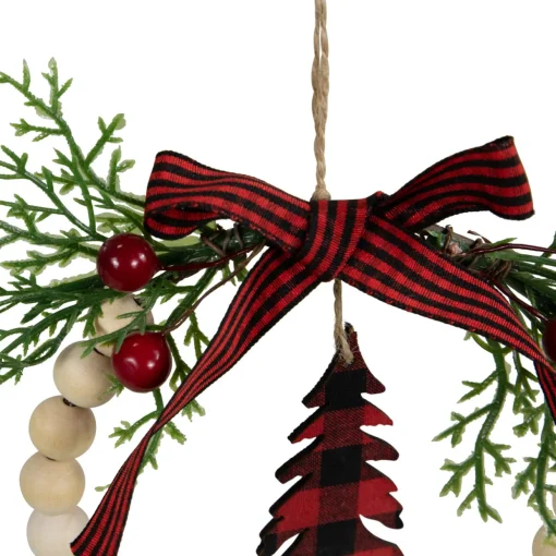 Buffalo Plaid Tree and Bow Wooden Beaded Christmas Wreath Ornament - 5.5"