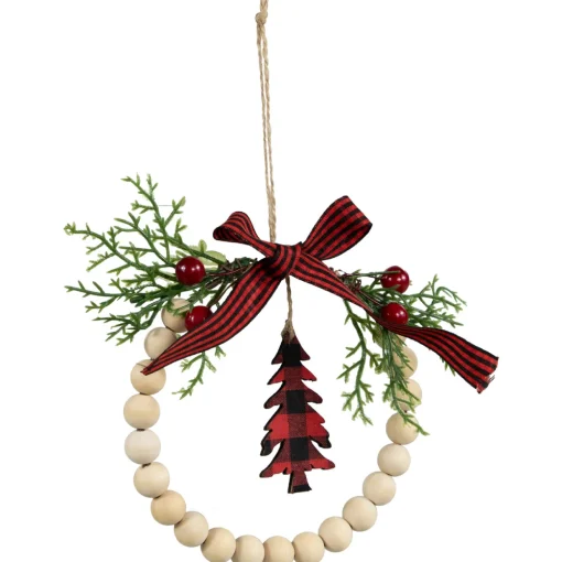 Buffalo Plaid Tree and Bow Wooden Beaded Christmas Wreath Ornament - 5.5"