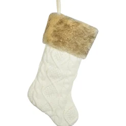 Cable Knit Christmas Stocking with Faux Fur Cuff - 20.5" - Cream and Beige
