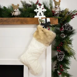 Cable Knit Christmas Stocking with Faux Fur Cuff - 20.5" - Cream and Beige
