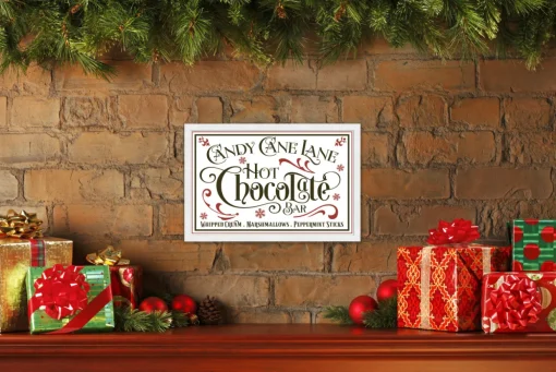 Candy Cane Lane Hot Chocolate Bar 13.5" x 19.5" Framed Christmas Wall Decor Sign Poster in a Natural Wooden Frame with UV Acrylic and Hangers