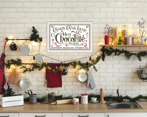 Candy Cane Lane Hot Chocolate Bar 13.5" x 19.5" Framed Christmas Wall Decor Sign Poster in a Natural Wooden Frame with UV Acrylic and Hangers