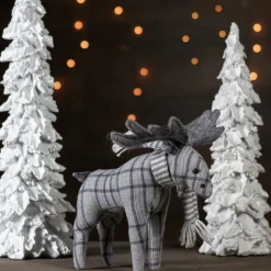 Checkered Moose with Striped Scarf Christmas Figure - 10" - Gray