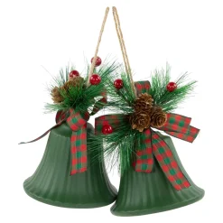 Christmas Bells with Pinecones and Plaid Bow Ornaments - 7" - Green - Set of 2