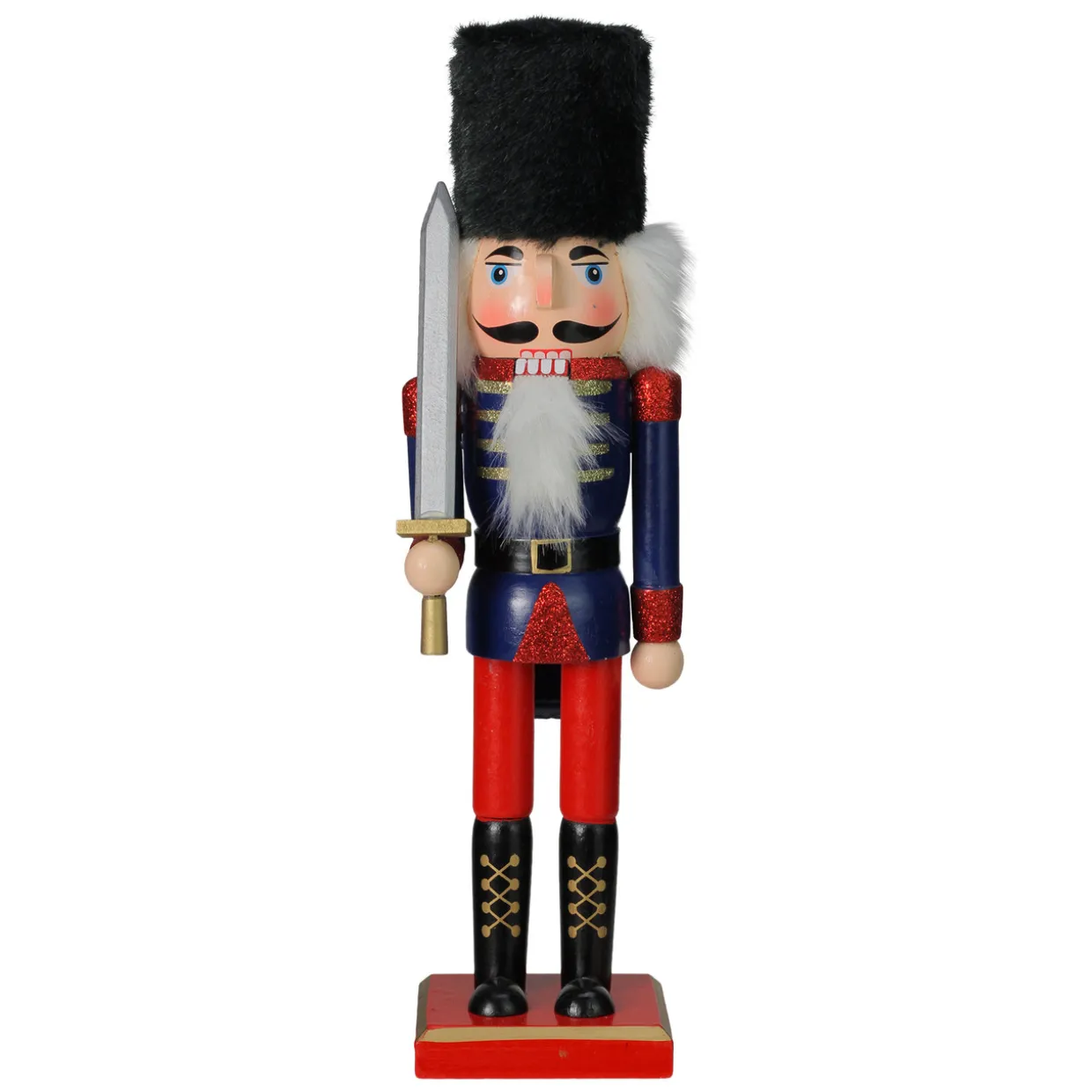 Christmas Nutcracker Soldier with Faux Fur Hat and Sword - 14" Red and Blue