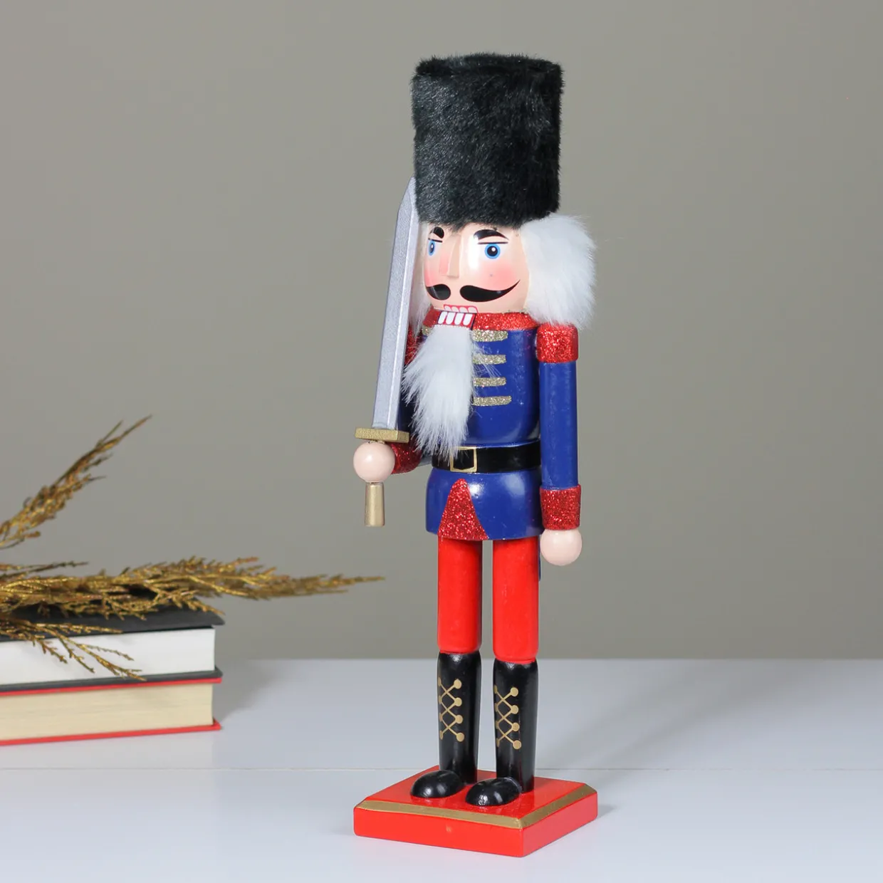 Christmas Nutcracker Soldier with Faux Fur Hat and Sword - 14" Red and Blue