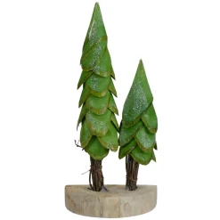 Christmas Trees on a Wooden Base Decoration - 9" - Brown and Green