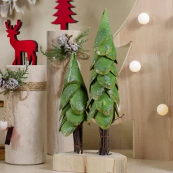 Christmas Trees on a Wooden Base Decoration - 9" - Brown and Green