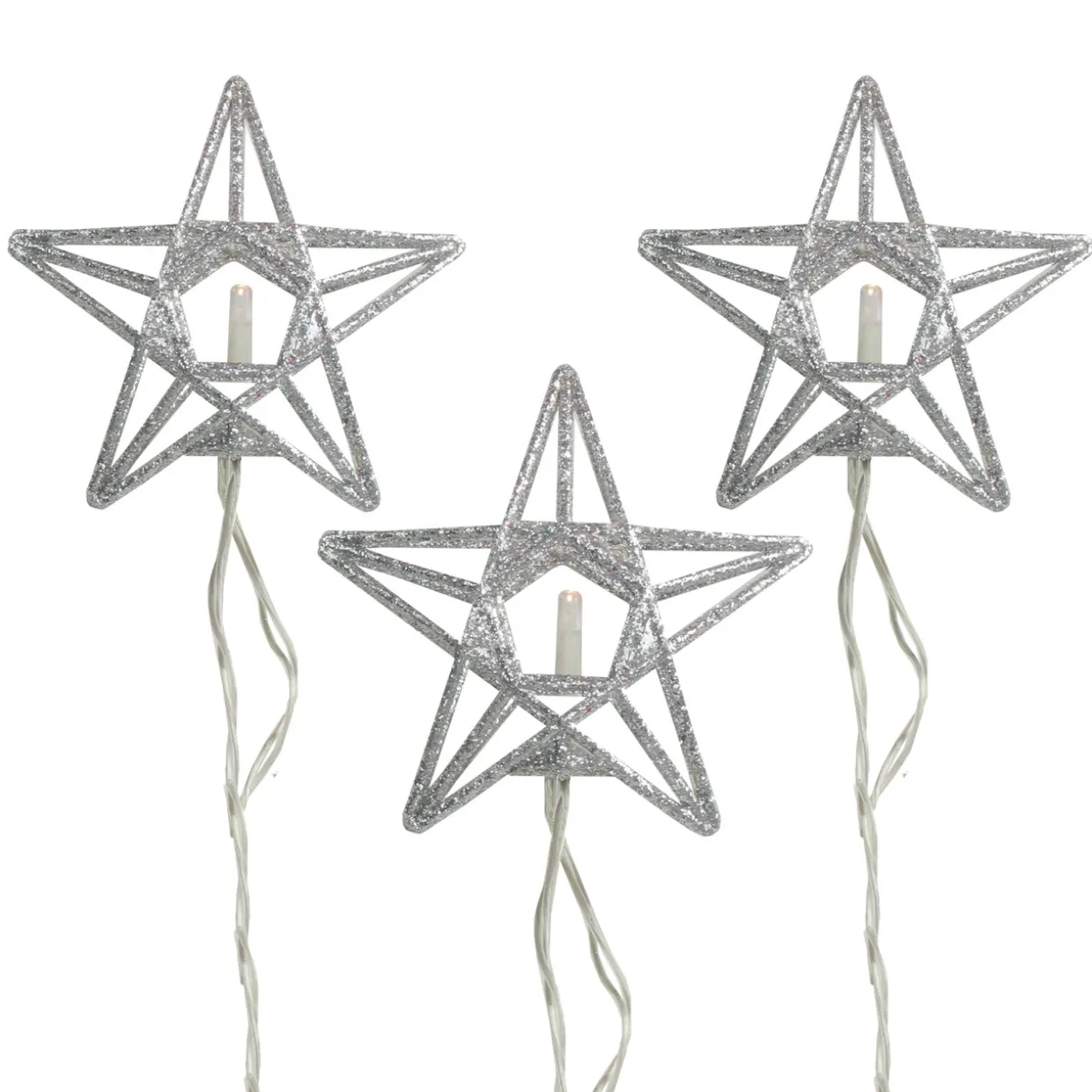 10-Count Battery Operated Warm Clear Sparkling Glittered Star Christmas Light set, 6.6ft Silver Wire