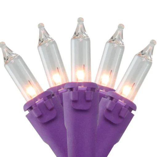 50-Count Clear Incandescent Mini Christmas Light Set, 19ft Purple Wire