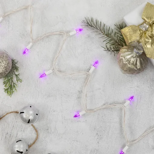 50-Count Purple LED Mini Christmas Lights, 16.25 ft White Wire