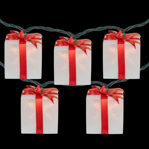 10-Count White and Red Christmas Present Light Set- 7.5ft, Green Wire