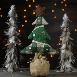 Country Buffalo Plaid Christmas Tree with Burlap Base - 17.5" - Tan and Green