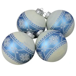 4ct Blue and White Nordic Fair Isle Glass Ball Christmas Ornaments 4-Inch
