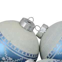 4ct Blue and White Nordic Fair Isle Glass Ball Christmas Ornaments 4-Inch