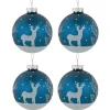 4ct Blue Glass Ball Christmas Ornaments with Glitter Reindeer 3"