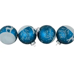 4ct Blue Glass Ball Christmas Ornaments with Glitter Reindeer 3