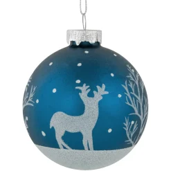 4ct Blue Glass Ball Christmas Ornaments with Glitter Reindeer 3