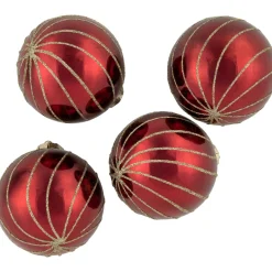 4ct Burgundy Red and Gold Glitter Striped Glass Christmas Ball Ornaments 3