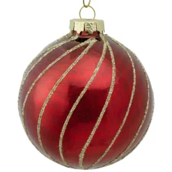 4ct Burgundy Red and Gold Glitter Striped Glass Christmas Ball Ornaments 3