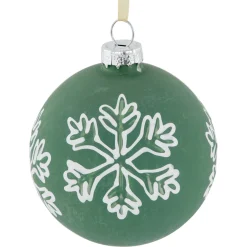 4ct Green Glass Christmas Ball Ornaments with White Snowflakes 3