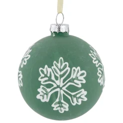 4ct Green Glass Christmas Ball Ornaments with White Snowflakes 3