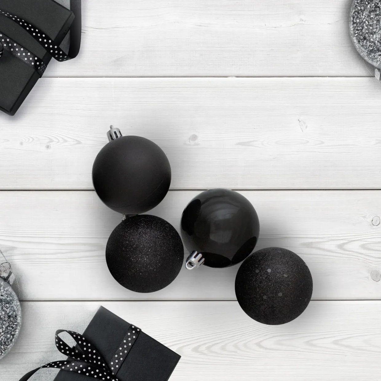 24ct Jet Black Shatterproof 4-Finish Christmas Ball Ornaments 2.5" (60mm)