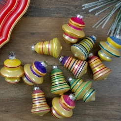 12ct Purple 2-Finish Striped Glass Christmas Finial and Bell Ornaments 2.75"