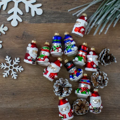 12ct Red Winter Snowmen and Santa Claus Figurine Glass Christmas Ornaments 2.5"