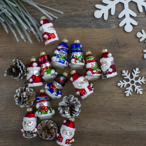 12ct Red Winter Snowmen and Santa Claus Figurine Glass Christmas Ornaments 2.5"