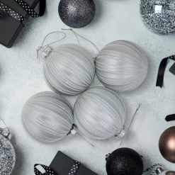 4ct Silver and White Glitter Striped Glass Ball Christmas Ornaments 3"
