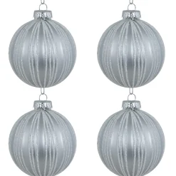 4ct Silver and White Glitter Striped Glass Ball Christmas Ornaments 3