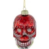 Day of the Dead Skull Head Glitter Glass Christmas Ornament - 3.5" - Red