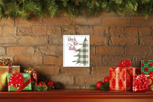 Deck the Halls - Plaid Tree 10" x 12.5" Framed Christmas Wall Decor Art Print Sign Poster in a Natural Wooden Frame with UV Acrylic and Hangers