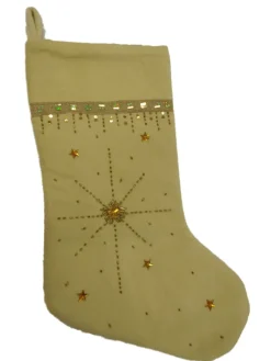 Embellished Beige & Gold Beaded Star Christmas Holiday Stocking