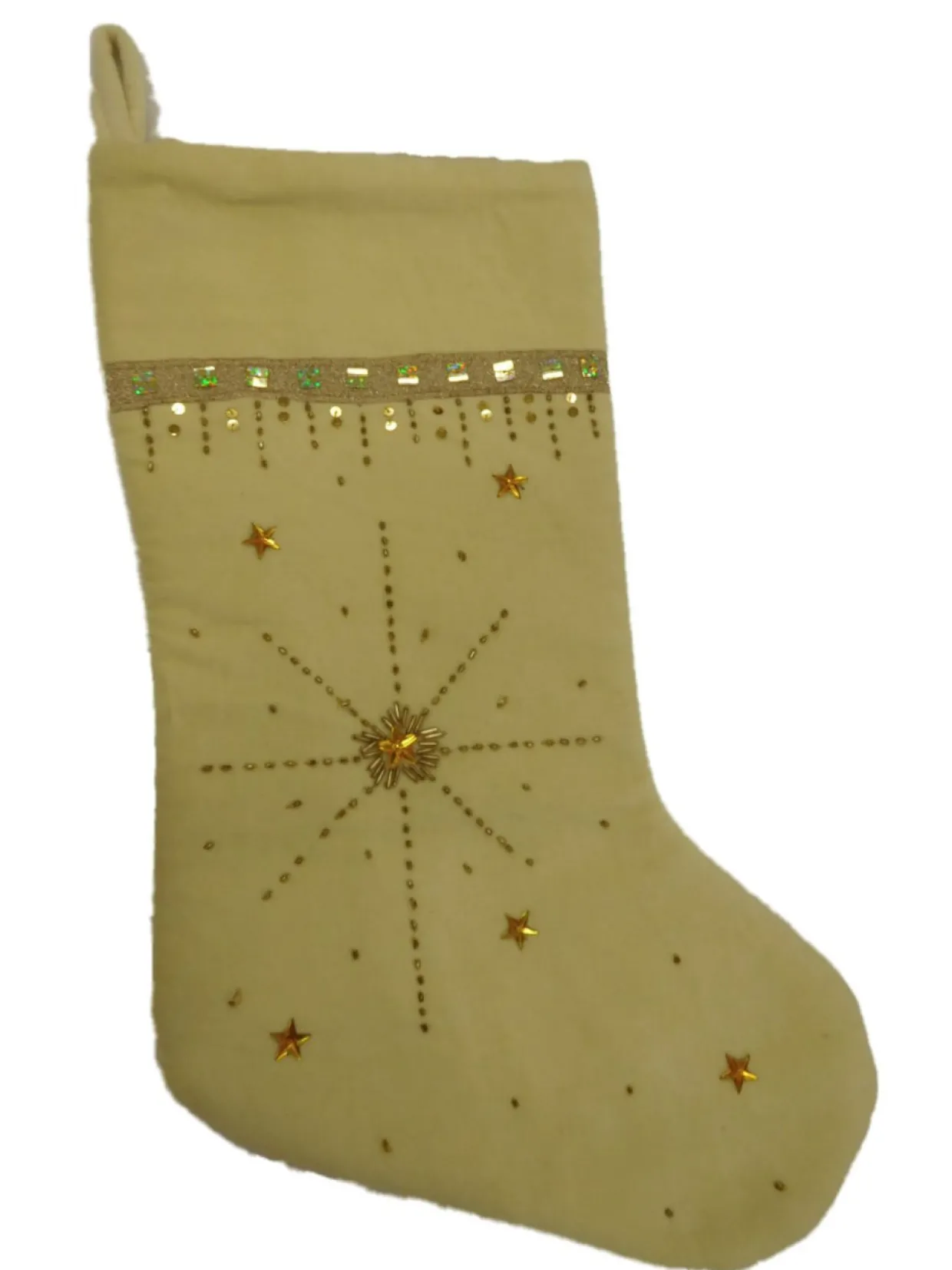 Embellished Beige & Gold Beaded Star Christmas Holiday Stocking