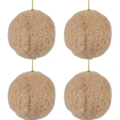 Faux Fur and Sequin Christmas Ball Ornaments - 2.75" - Beige - Set of 4