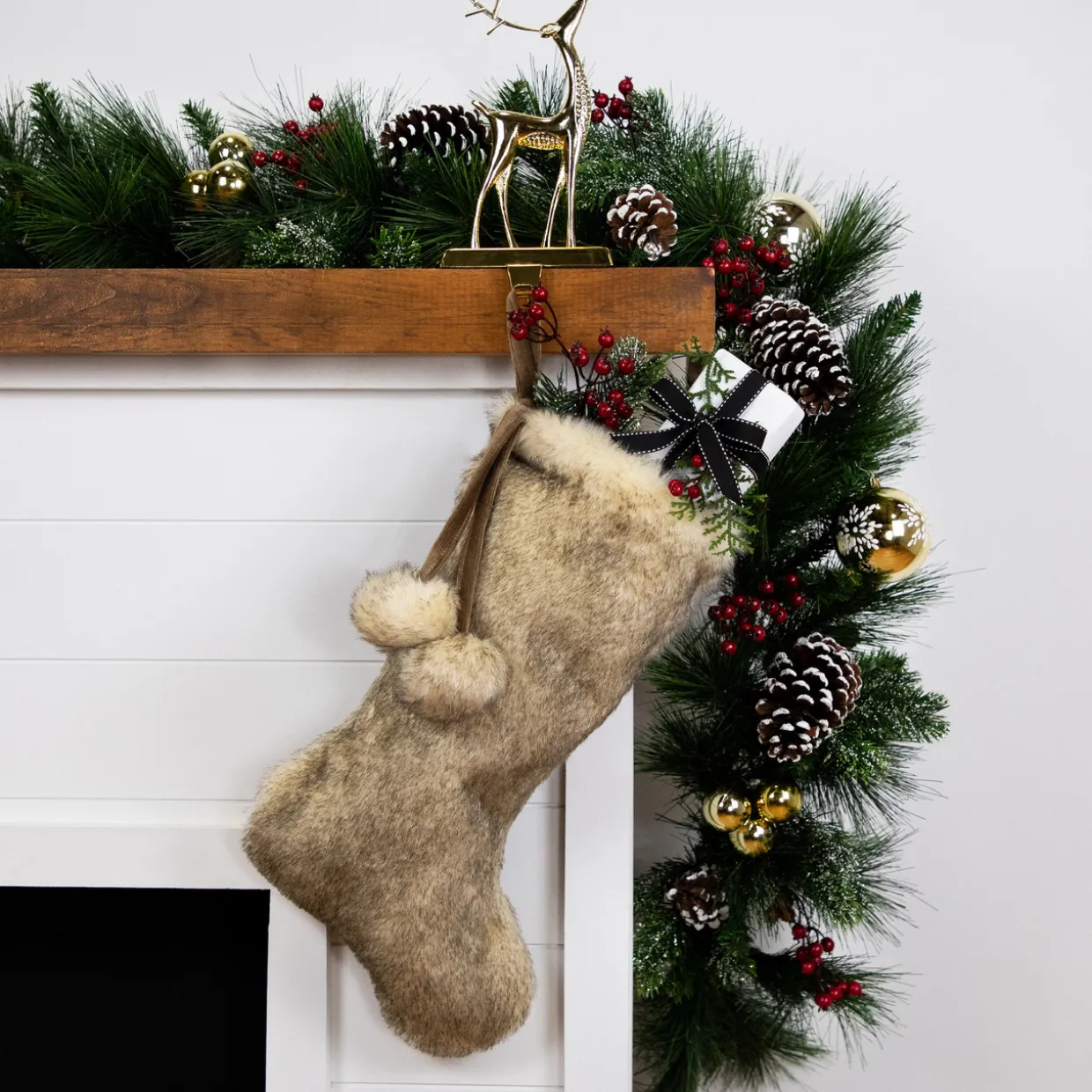 Faux Fur Christmas Stocking with Pom Poms - 20.5" - Beige and Brown