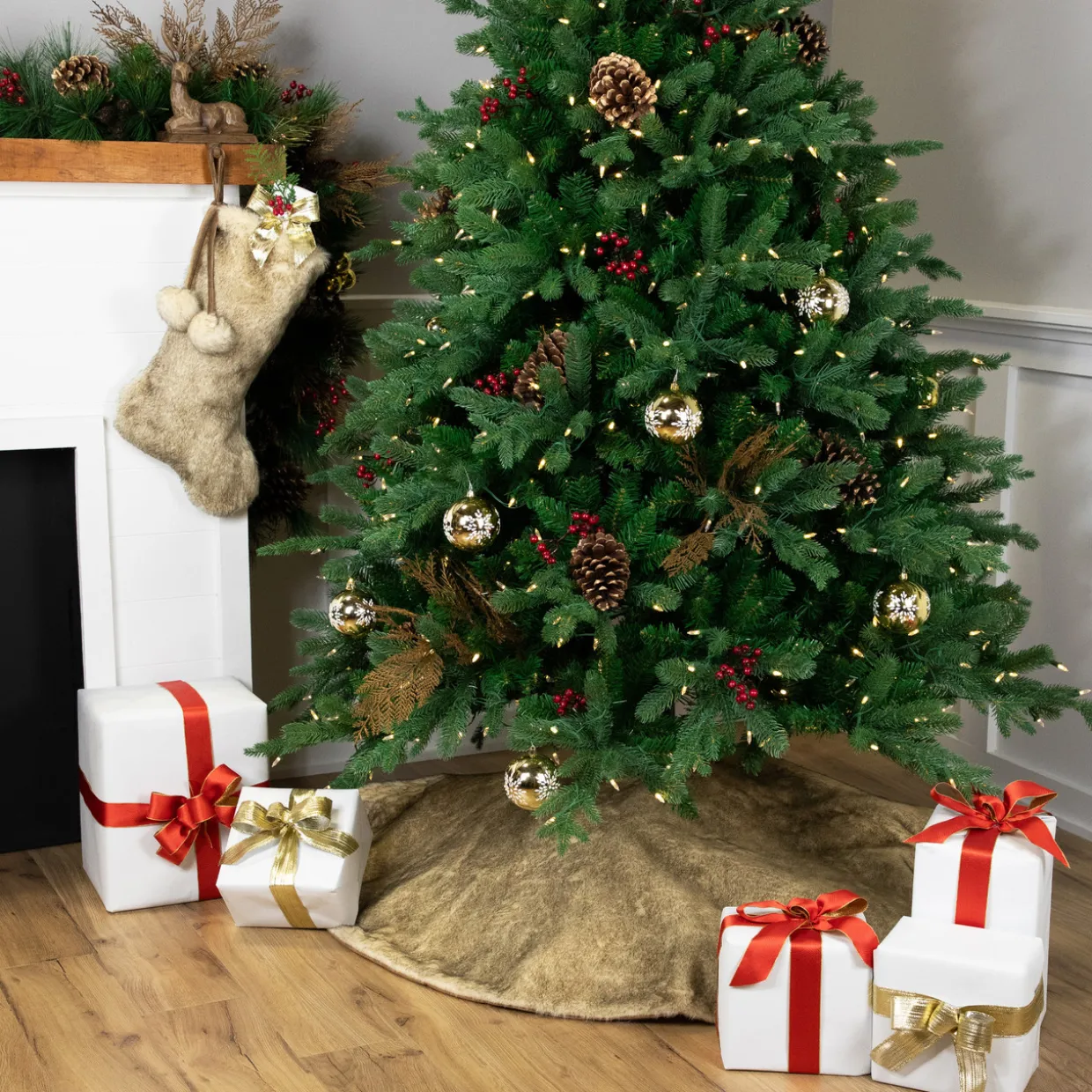 Faux Fur Christmas Stocking with Pom Poms - 20.5" - Beige and Brown