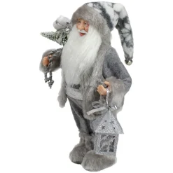 Faux Fur Standing Santa Claus Christmas Figurine with Bag and Lantern - 12