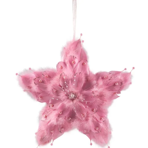 Feather Star Glittered Christmas Ornament with Hearts -12" - Pink