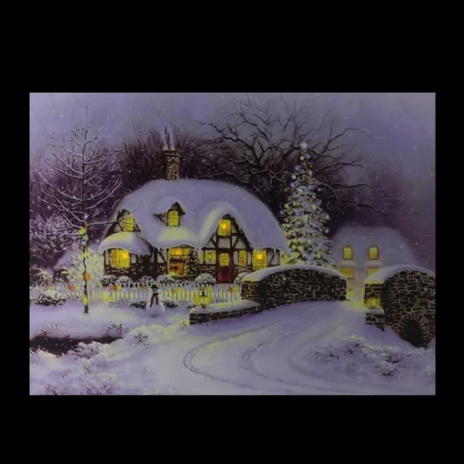 Fiber Optic and LED Lighted Snowy Christmas House Canvas Wall Art 12" x 15.75"