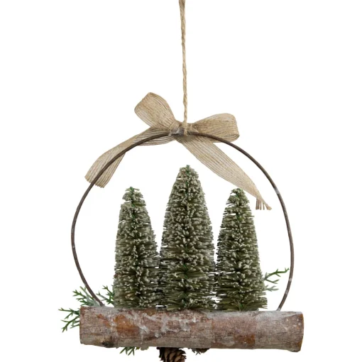 Flocked Bottle Brush Trees with Wooden Log Christmas Ornament - 7"