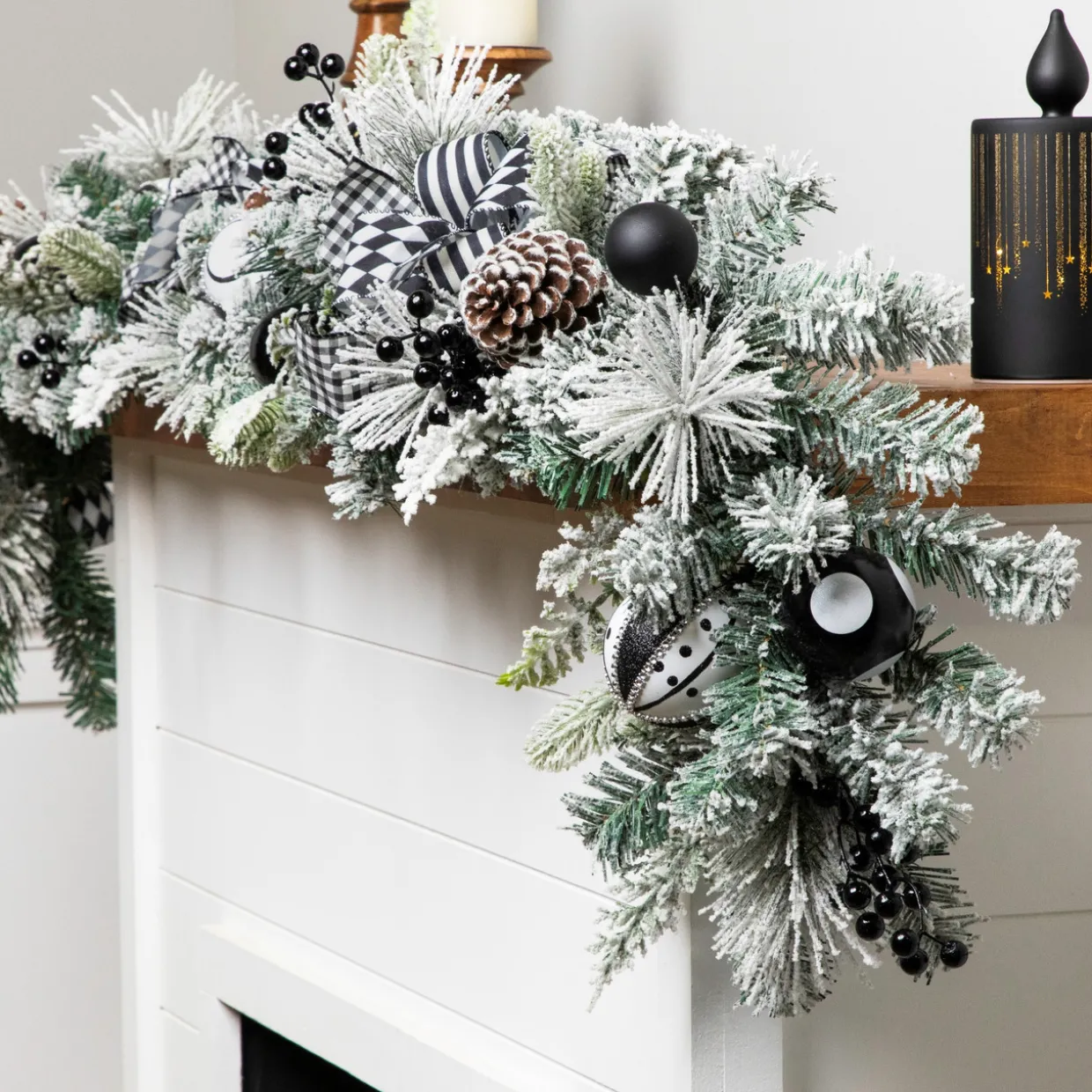 Flocked Pine with Harlequin Ornaments and Bows Artificial Christmas Garland - 6' x 8" - Unlit